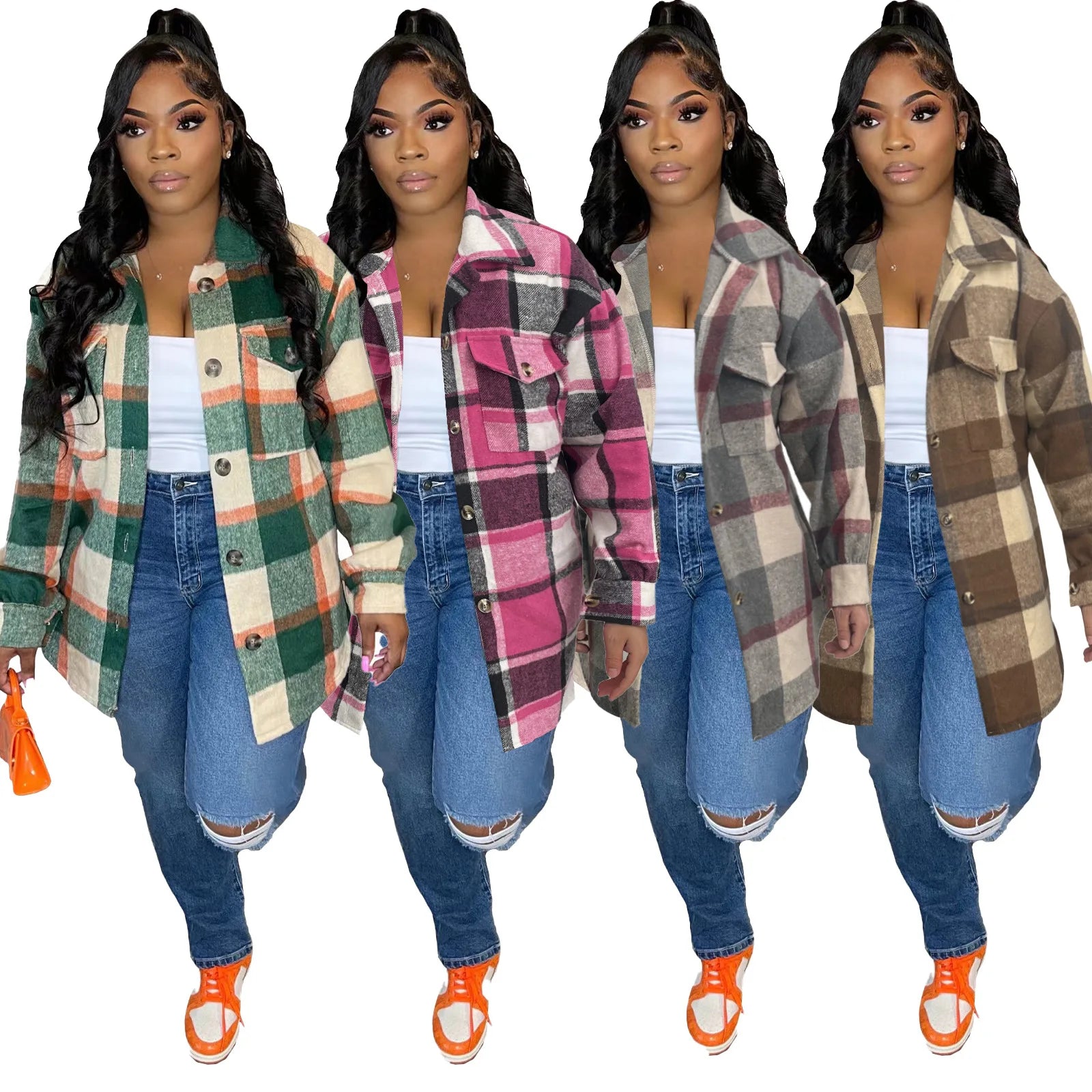 Women's Oversized Plaid Flannel Shirts Button Down Long Sleeve Shacket Jacket Blouse Coat Tops Breathable with Polyester Lining