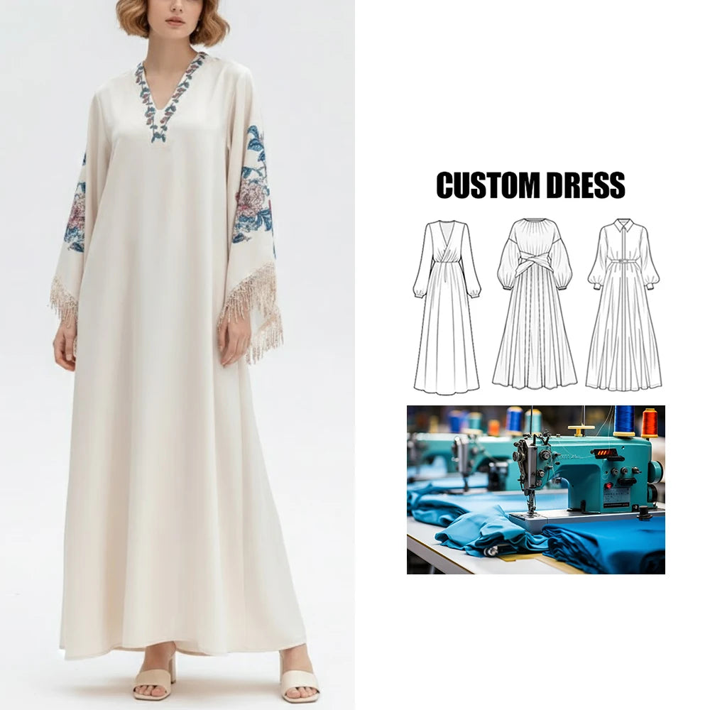 Brand Customization Elegant Arabian Dress Abaya Muslim Women V-Neck Embroidered Tassel Robe Middle East Long Ramadan Dress