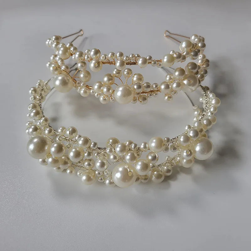 SLBRIDAL Handmade Rhinestones Crystal Pearls Bridal Wedding Tiara Headband Bridal Headpieces Women Girls Hair Jewelry Accessory