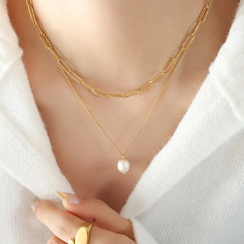 Minimalist 18K Gold Plated Stainless Steel Paperclip Chain Layered Single Freshwater Pearl Pendant Necklace Multi Layers Chain S