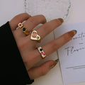 3PCS/Set Retro Pink Round Emerald Green Finger Ring Micro Inlaid Geometric Cubic Zirconia CZ Love Heart Vintage Ring for Lady