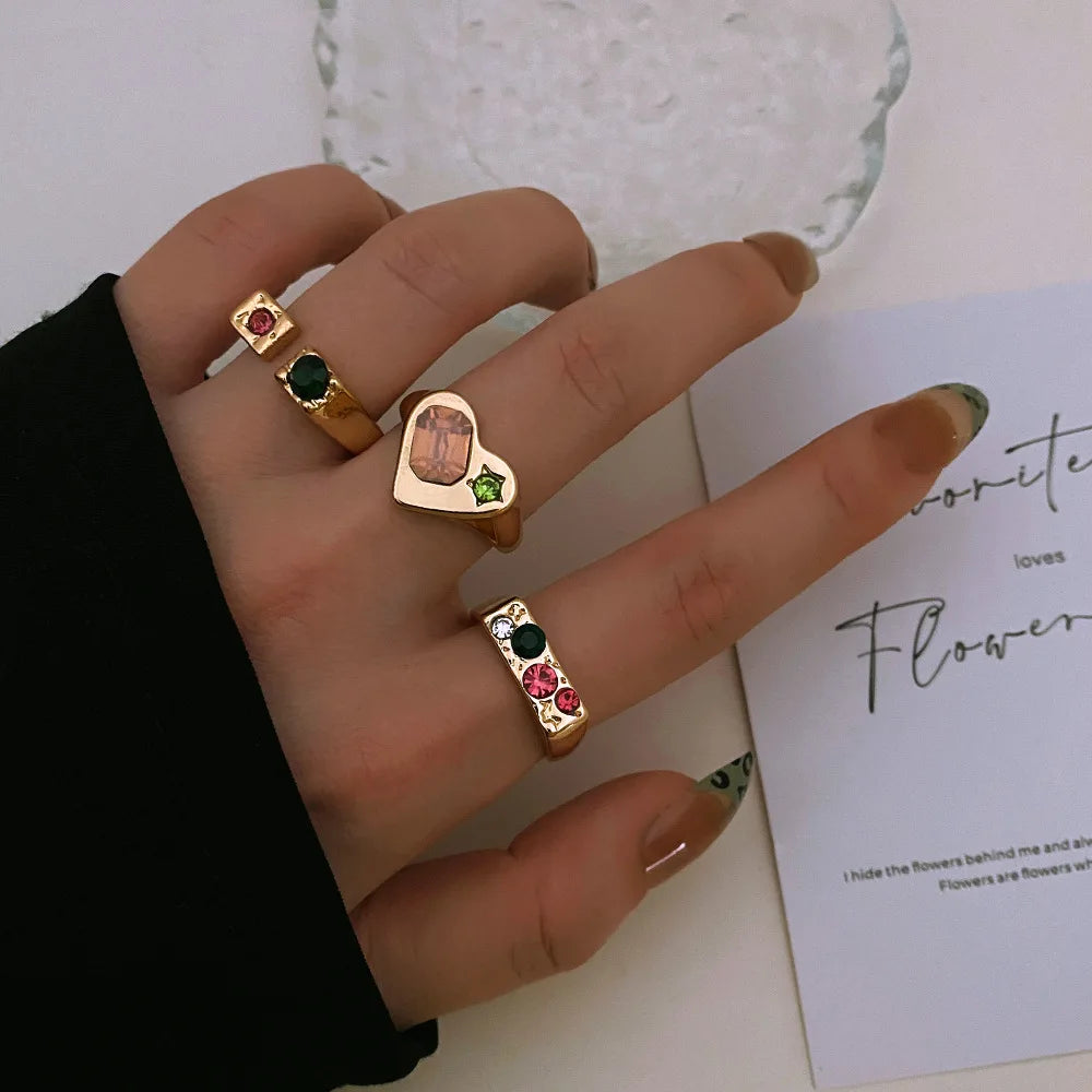 3PCS/Set Retro Pink Round Emerald Green Finger Ring Micro Inlaid Geometric Cubic Zirconia CZ Love Heart Vintage Ring for Lady
