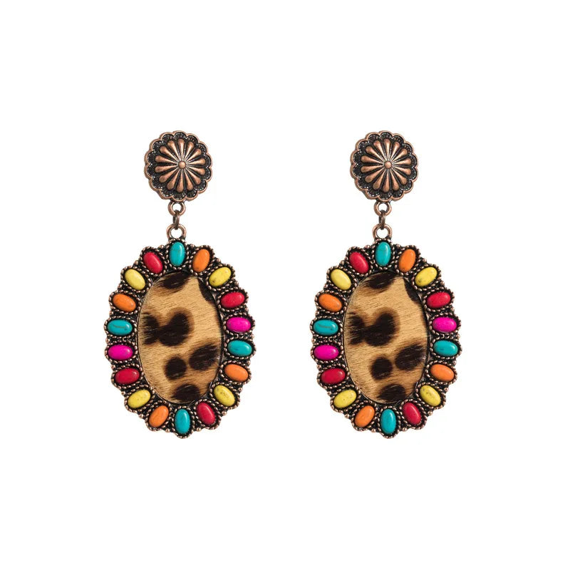 Vintage Retro Bohemia Leather Leopard Turquoise Drop Earrings For Women Party Jewelry