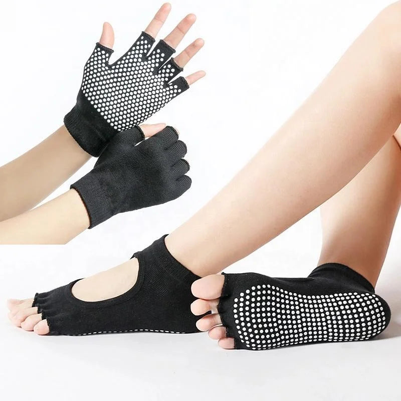 Wholesale Anti-slip Open 5 Toes Grip Pilates Soft Relaxing Breathable Ankle Knitted Yoga Socks and Gloves Set