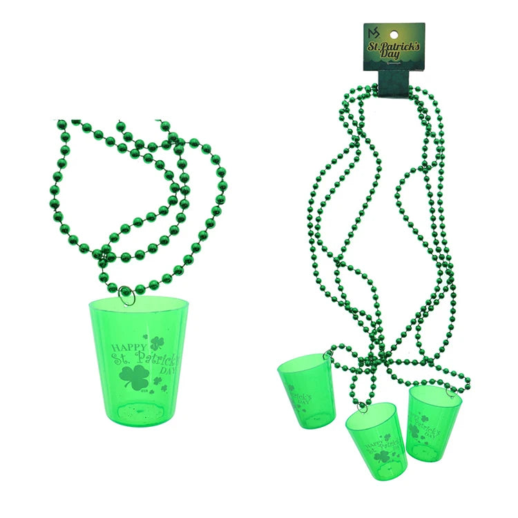 St. Patrick's Day Party Decorations Beaded Necklace with Shamrock Shot Glass Plastic Shot Cup Necklace for Favors