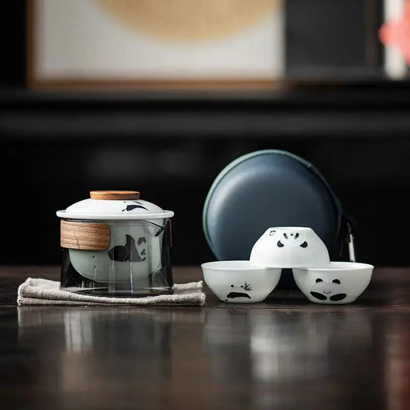 Portable Outdoor Travel Tea Set Hand-Painted Panda Ceramic Tumbler One Pot and Three Cups Quick Guest Cup Convenience