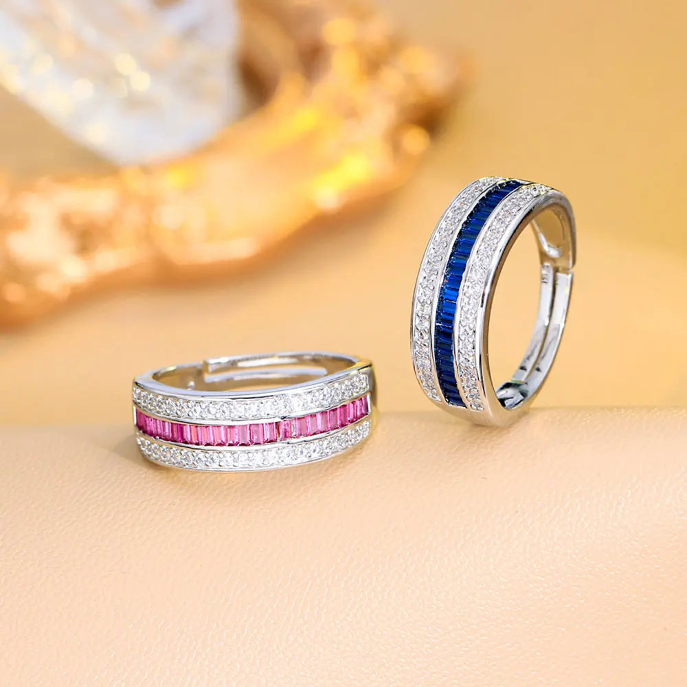 Elegant Stack Red Blue Cubic Zirconia Stone Round CZ Eternity Engagement Rings Wedding Finger Jewelry for Women