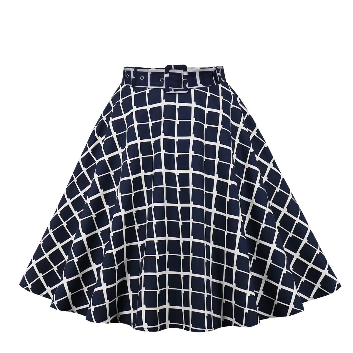 New Arrival High Waist a Line Vintage Retro Skirt AT2256# Mid-length Ladies Women Navy Blue Plaid Cotton Skirts With Pockets