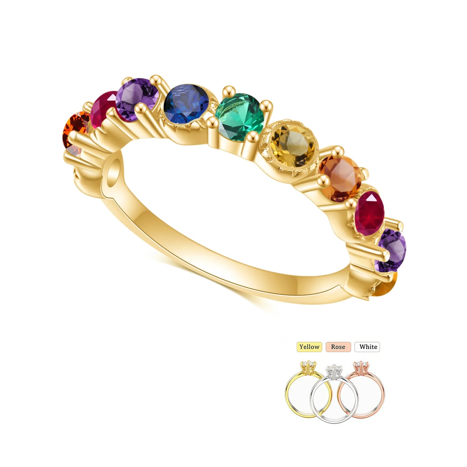 Exquisite Colored Gemstone Half Eternity Band 10 Karat Solid Gold 3MM Nano Multi Color Wedding Stackable Ring