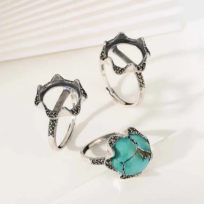 925 Sterling Silver Retro Thai Silver Fashion Flower Leaf Ring Setting Woman's Adjustable Ring Setting for Jewelry DIY
