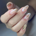 24 Pcs 3752 Sparkling Gold Glitter Wavy Lines Short Almond Nails Press on Nails Artificial Fingernails
