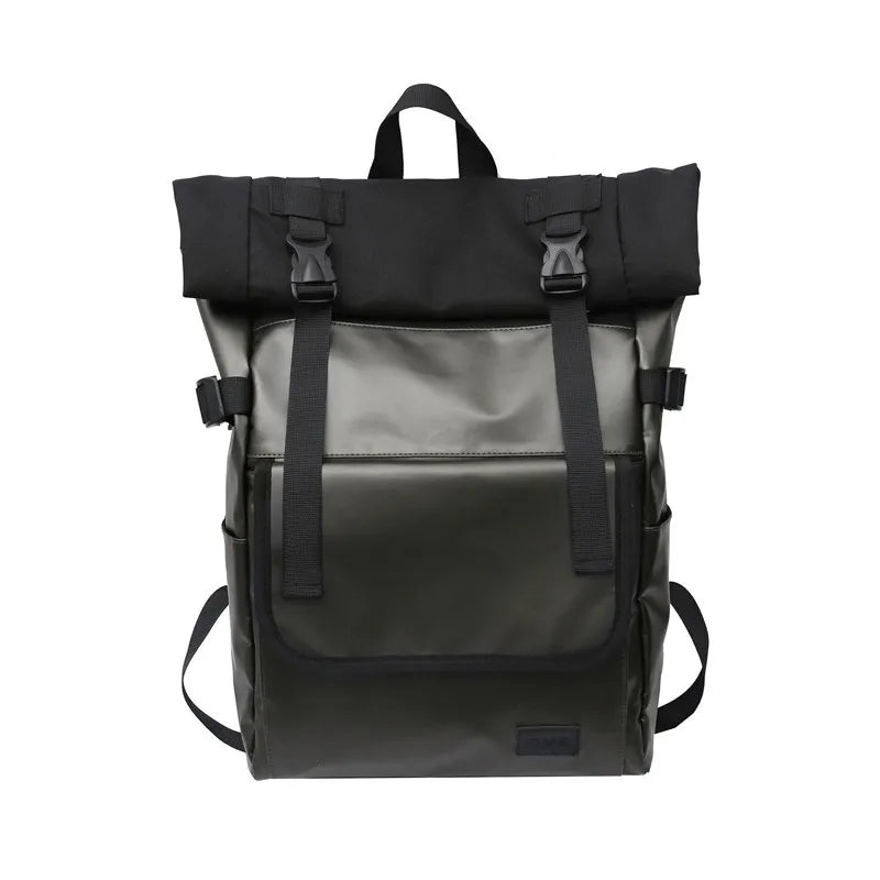 Fashion Trend Roll Top Anti Theft Laptop Backpack Men's Backpack Large Capacity PU Leather College Student Schoolbag Travel Bag