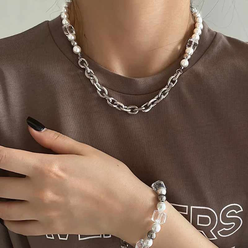 Fashion Hiphop Stainless Steel Necklace Pearl Crystal Beads Choker Necklace Crystal Choker Necklace for Women Girls