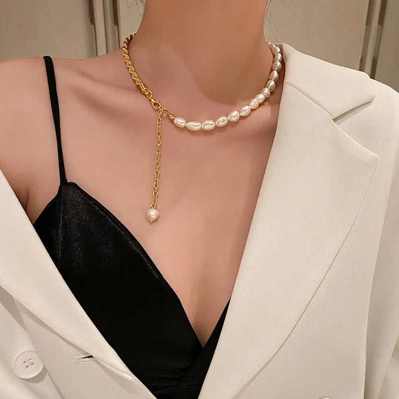 Minimalist Y Shaped 18K Gold Stainless Steel PVD Plating Rope Chain Fresh Pearl Tassel  Necklace Men Women