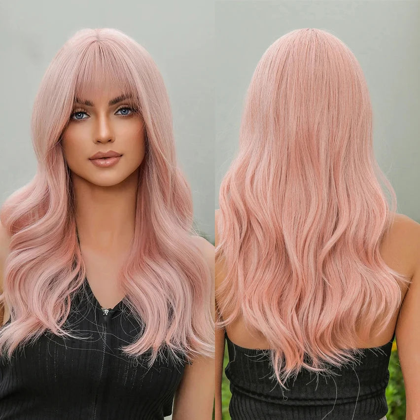 MOQ1 Style Synthetic Long Pink Water Wave Wigs with Bang for Women Cosplay Party Natural Daily Wig Heat Resistant