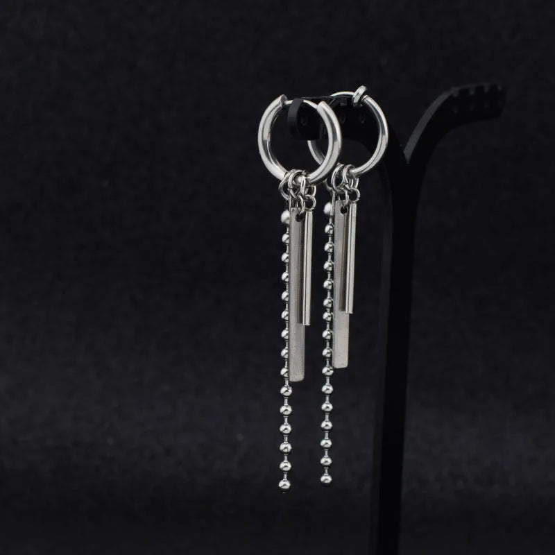 POENNIS Trend Long Pendant Hoop Earrings Simple Punk Stainless Steel Irregular Tassel Men Earrings