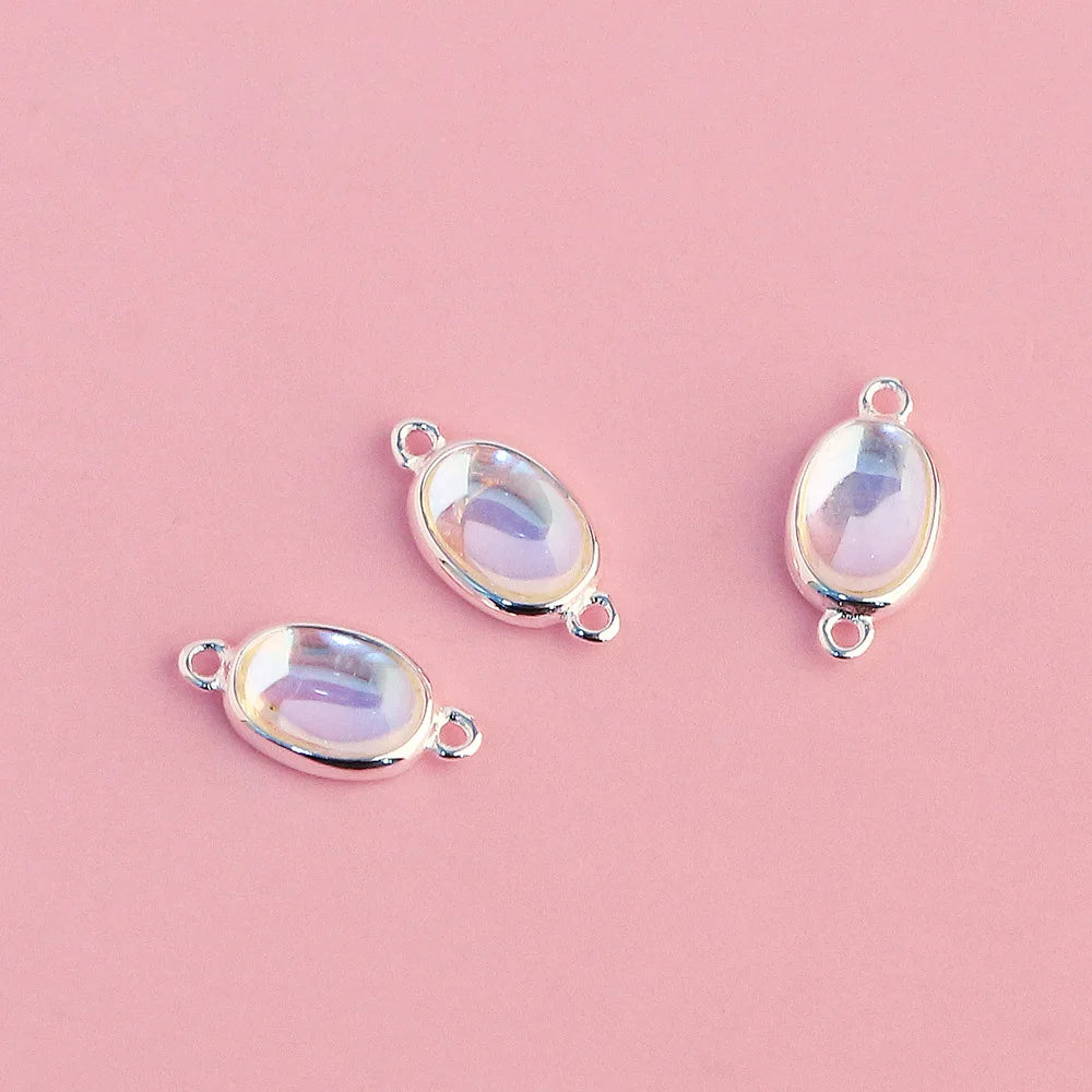 Tiny S925 Sterling Silver Bezel Setting Moonstone Oval Pendant Connector for Diy Bracelet Necklace Jewelry Making
