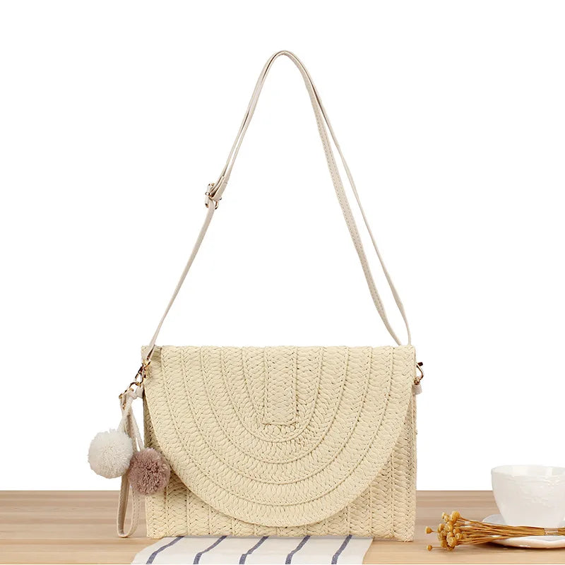 Women's Pure Handmade Boho Crossbody Bag One Shoulder Straw Tote Summer Beach Clutch Portable Fashion Lady Style
