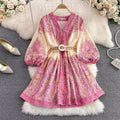 S-2XL Spring Dress Retro Style Stand-up Collar Single Breasted Lantern Sleeve Waistband Mid-length Ruffle Dress