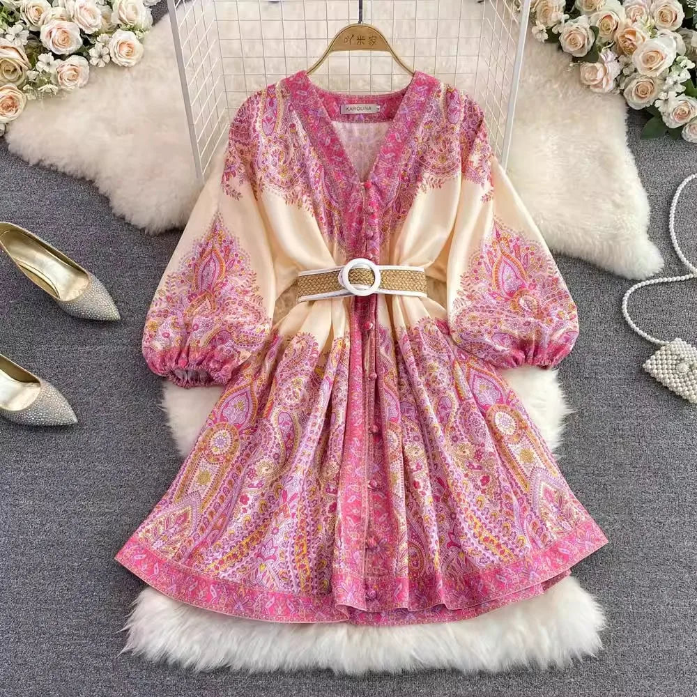 S-2XL Spring Dress Retro Style Stand-up Collar Single Breasted Lantern Sleeve Waistband Mid-length Ruffle Dress