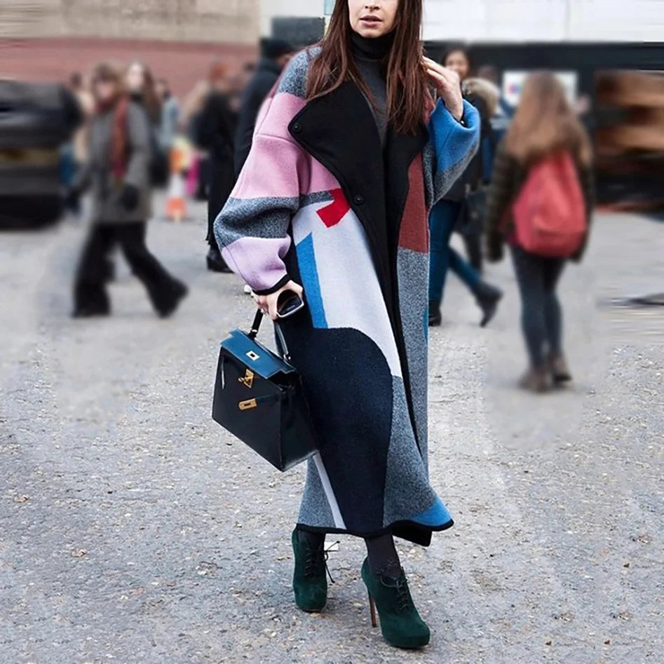 Cold Winter Warm Digital Printing Long Overcoat Woman Turn-Down Collar Wool Double Coat