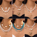 Bohemian Summer Beach Layered Irregular Imitation Pearl Gold Starfish Conch Shell Necklace Set for Women Hawaiian Holiday Gift