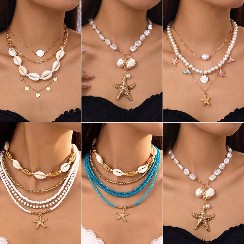 Bohemian Summer Beach Layered Irregular Imitation Pearl Gold Starfish Conch Shell Necklace Set for Women Hawaiian Holiday Gift