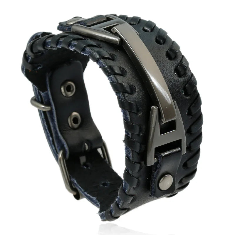 Hot Selling Punk Style Men's PU+Alloy Handmade Woven Black Gun Plated Geometric Bangle Bracelet