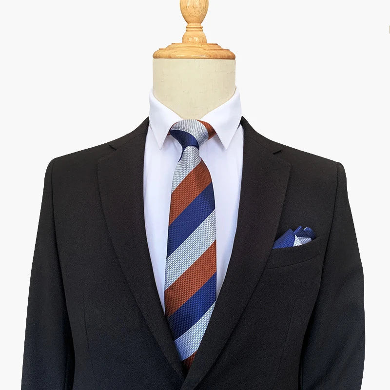 Men's Ties Classic Blue Striped 8cm Silk Necktie Handkerchief Set Business Formal Wedding Tie Gift for Men