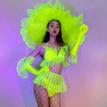Fluorescent Green  Bikini Big Hat Sets Wigs Nightclub Dj Ds Gogo Costume Pole Dance Clothes Festival Outfit