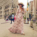 Women's Bohemian Artificial Cotton Printed Ruffle Edge Deep V-neck Sexy Large Swing Long Dress