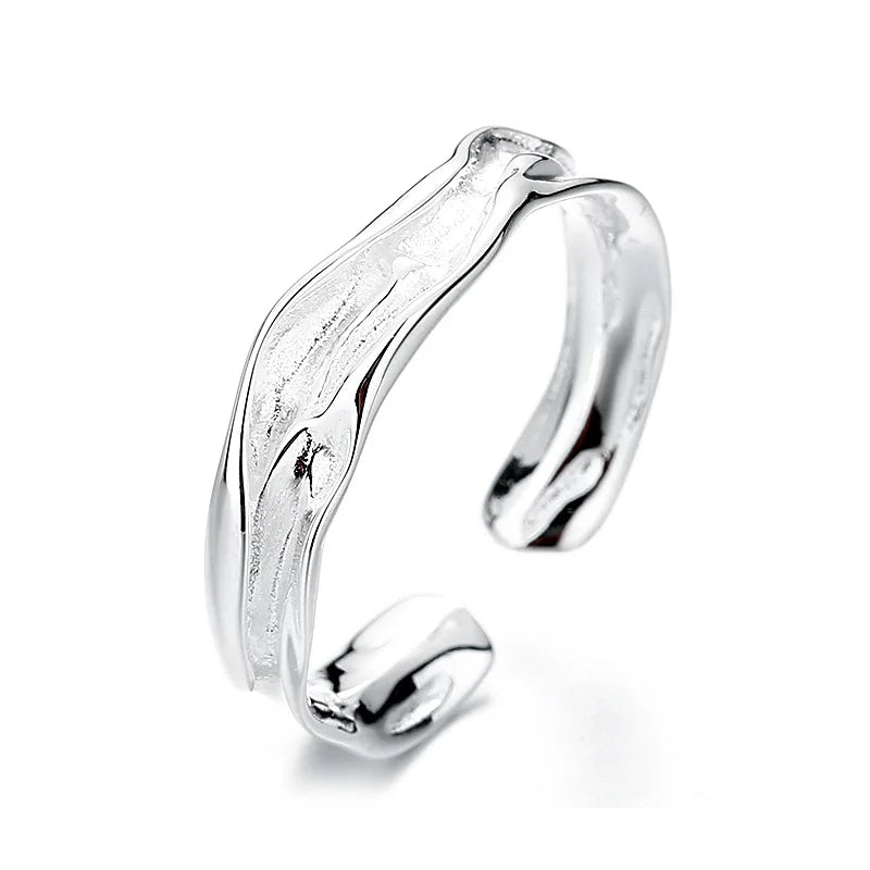 S925 Sterling Silver Concave and Convex Irregular Folds Texture Opening Ring Ins Style Minimalist Light Luxury Style Ring Female