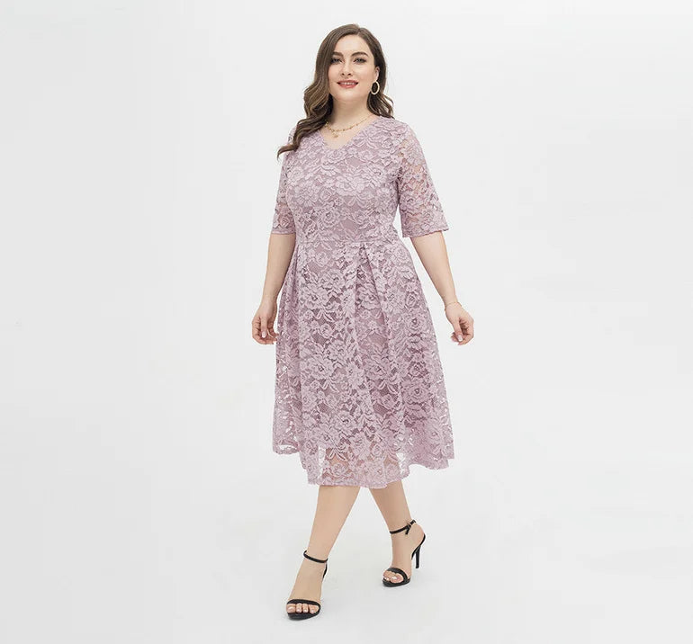 Spring Summer Women Lace Half Sleeve Midi Dress Elegant Formal Plus Size Evening Dresses