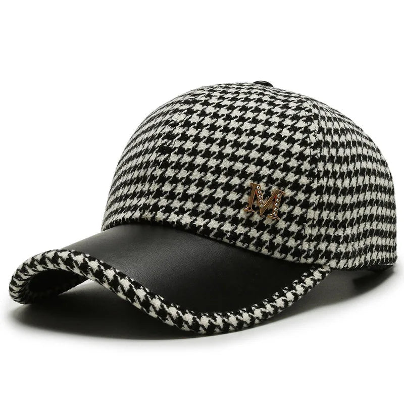 Autumn and Winter New Fashion Houndstooth Baseball Cap Hat for Women Retro Fitted Hats Curved Brim