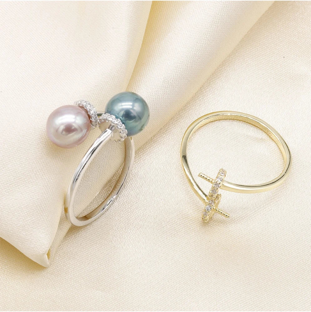 R345 7-8DIY mm Natural Freshwater Pearl Ring Accessory 925 Sterling Silver Adjustable Size Engagement Jewelry Ring for Women