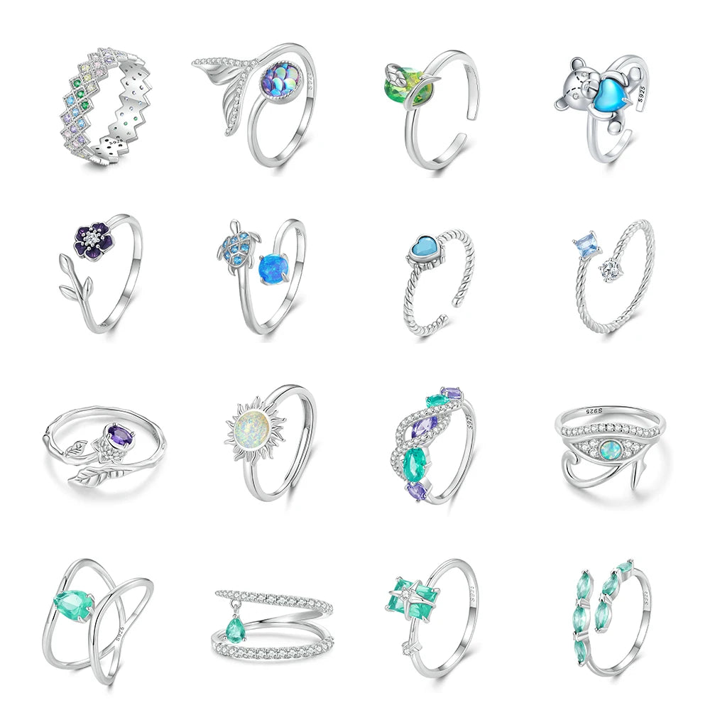 925 Sterling Silver Enamel Purple Flower Adjustable Ring Green Blue Zircon Opening Ring for Women Birthday Gift Fine Jewelry