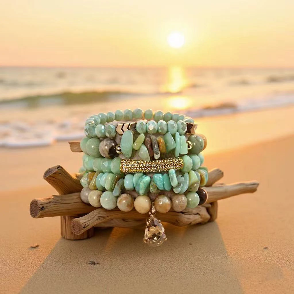 Freshwater Pearl Turquoise Blue Metal Open CZ Bangle Natural Stone Crystal Glass Hematite Stretch Elastic Stack Bracelets Set