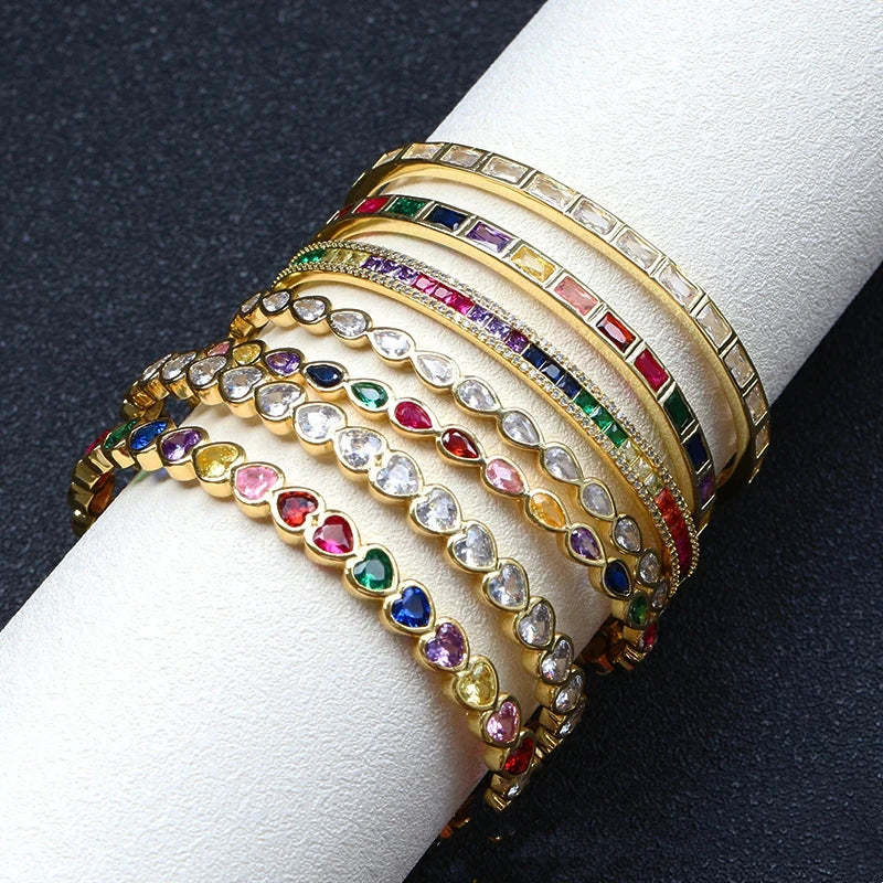 Hip-hop Female Zircon Bracelet Jewelry 18K Gold Plated Women Bangles Bracelet Brass  Rainbow Color Zircon Bracelet Diamond