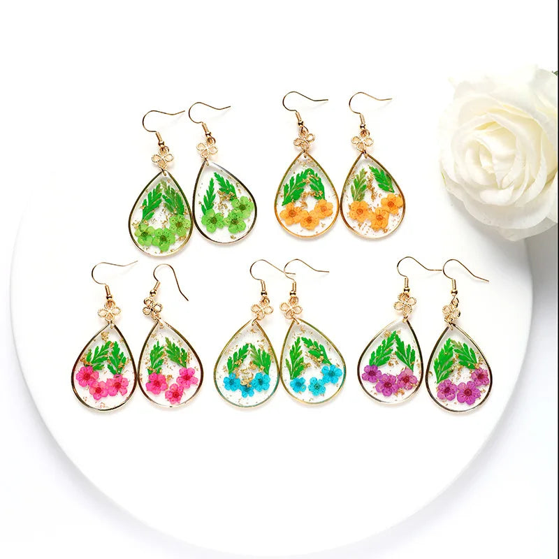 Tongxin Fashion Jewelry New Handmade Geometric Water Drop Glue Natural Dried Flower Earrings