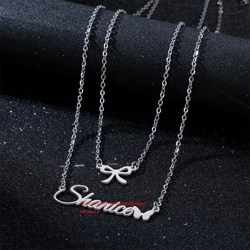 Tiny Heart Double Names Plated Pendants Stainless Steel Layered Silver 3 Layer Necklace Gold Plated Women's Zircon Statement