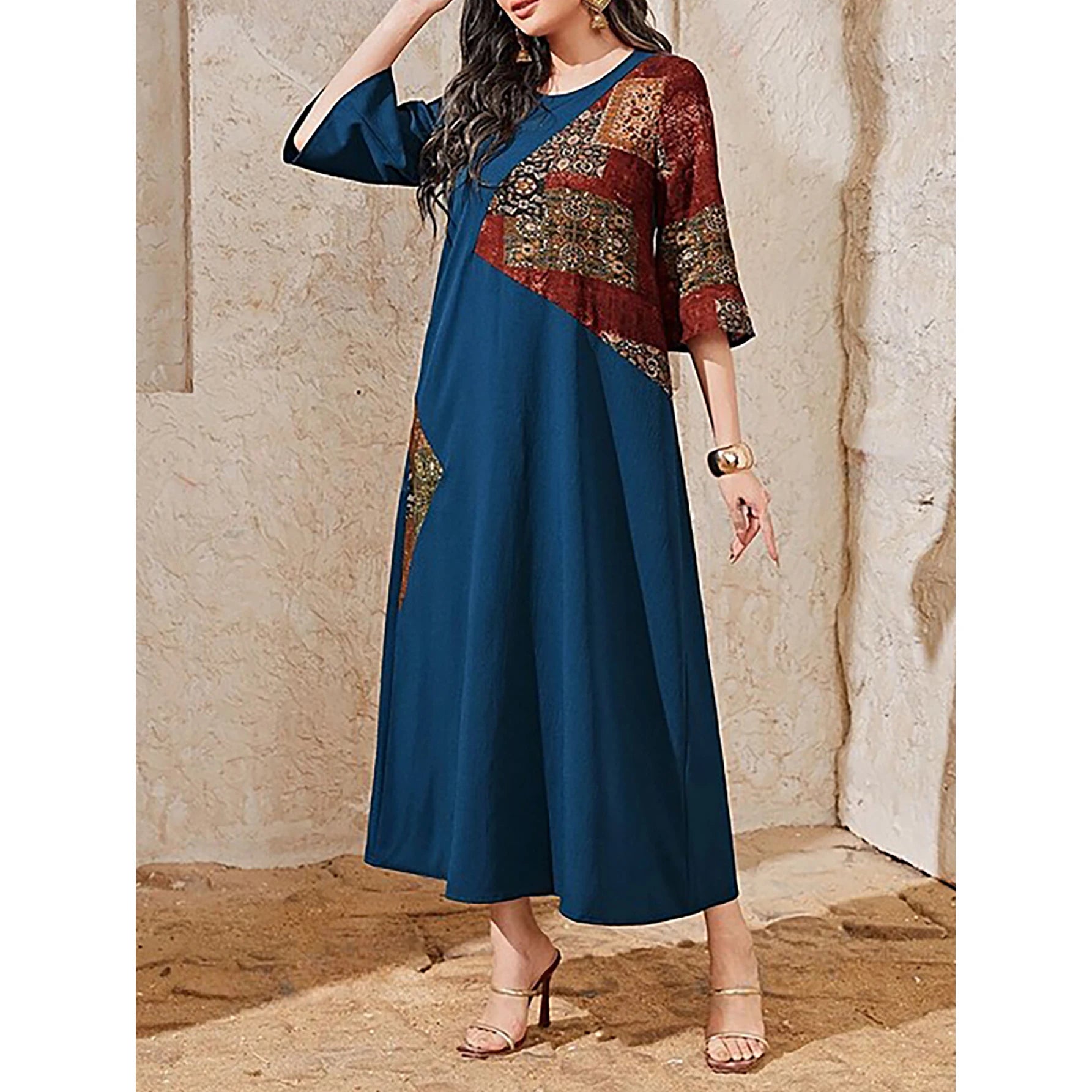 Hot Seller Islamic Modest Half Sleeve Patchwork Printed Muslim Abaya Dress Solid Pattern for Muslimah