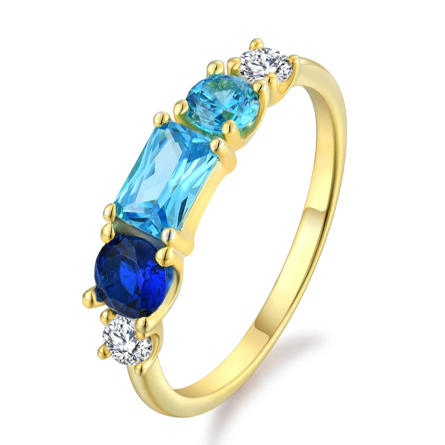18K Gold Plated 925 Sterling Silver Women's Statement Ring with Blue Zirconia Rectangle Round Cut Gemstone for Weddings