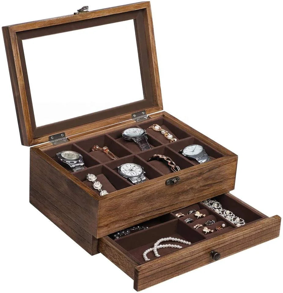 Antique Walnut 8-Piece Watch Jewelry Storage Box Double-Layer Drawer Accessories Organizer Home Decor Wooden Gift Factory