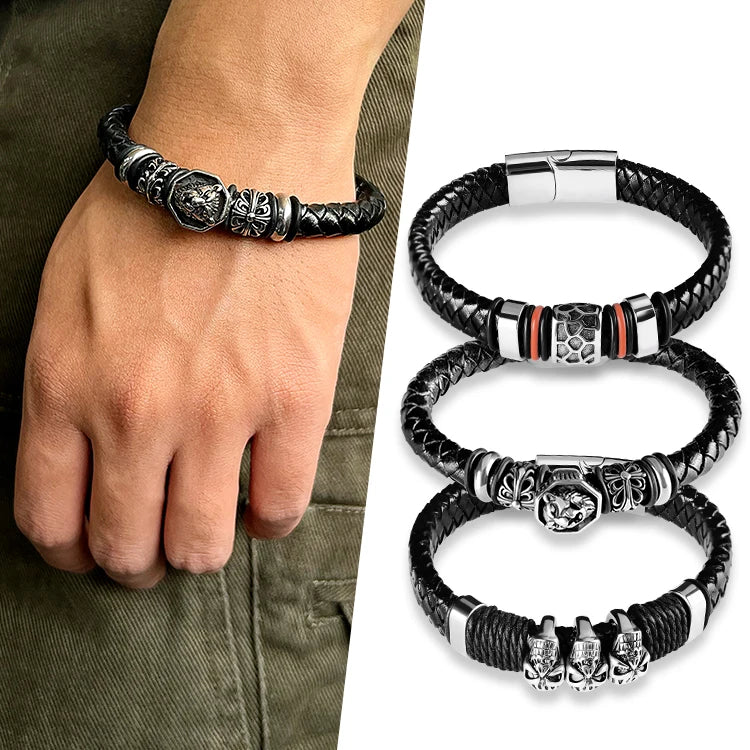Stainless Steel Vintage Anniversary Totem Beads Buckle Unisex PU Leather Braided Bangle