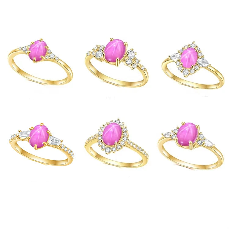 Abiding Vintage Styles Design Synthetic Gold Plated 925 Sterling Silver Lab Grown Star Ruby Gem Ring for Women