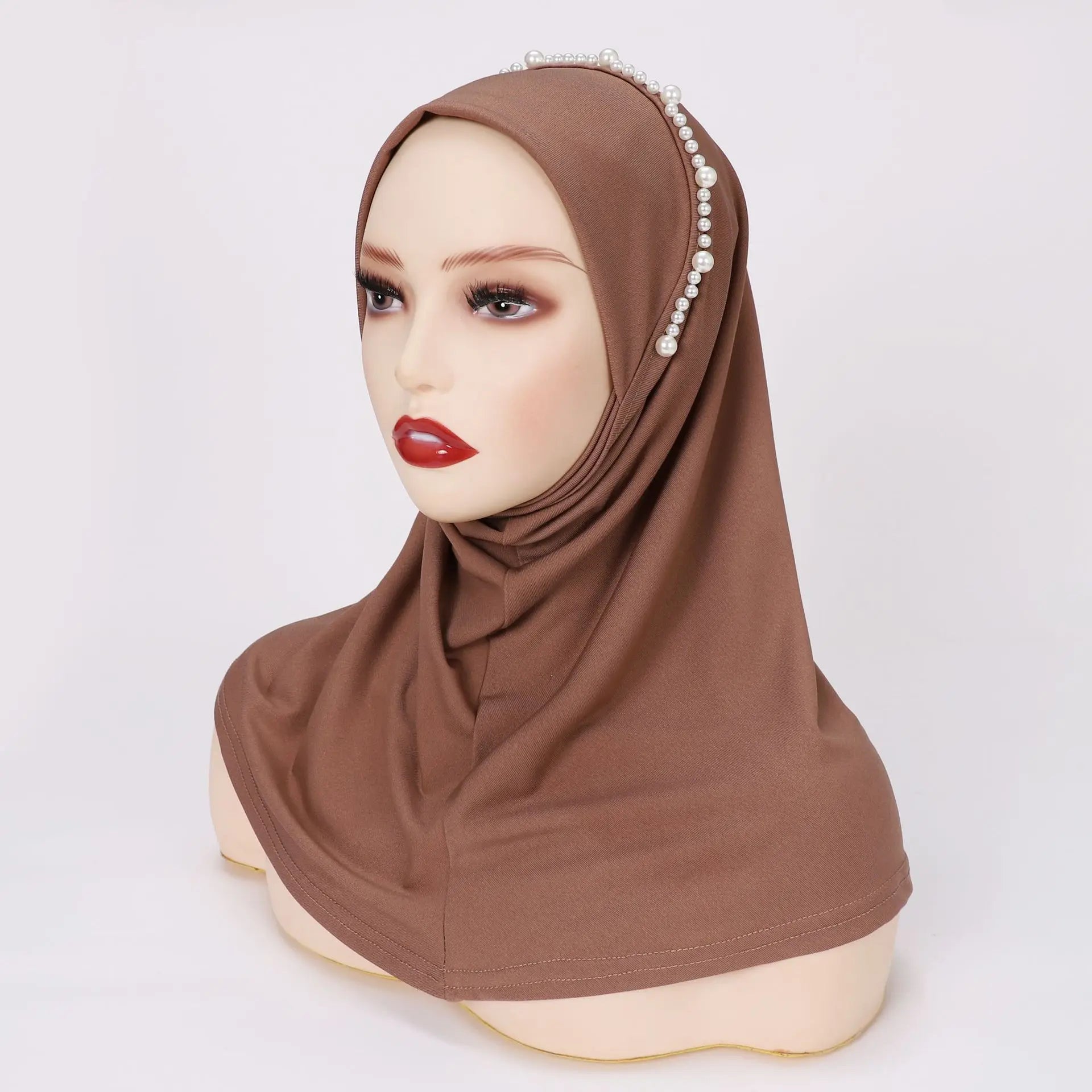 Ethnic Girls'/Womens' Pearl Decor Easy Pull-On Head Scarf 1 Piece Amira Instant Hijab Bonnet for Summer Muslim Instant Hijab
