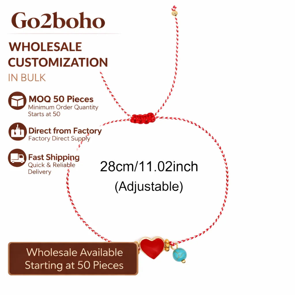 Go2boho Handmade Red String Heart Charm Bracelet Adjustable Turquoise Bead Jewelry for Women Love Gifts Friendship Valentine