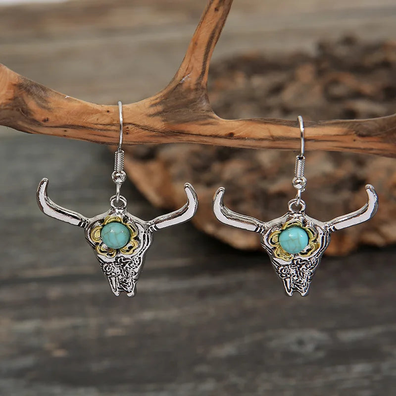 Navajo Jewelry Turquoise Stone Beads Cow Head Bison Pendant Dangle Earring for Women