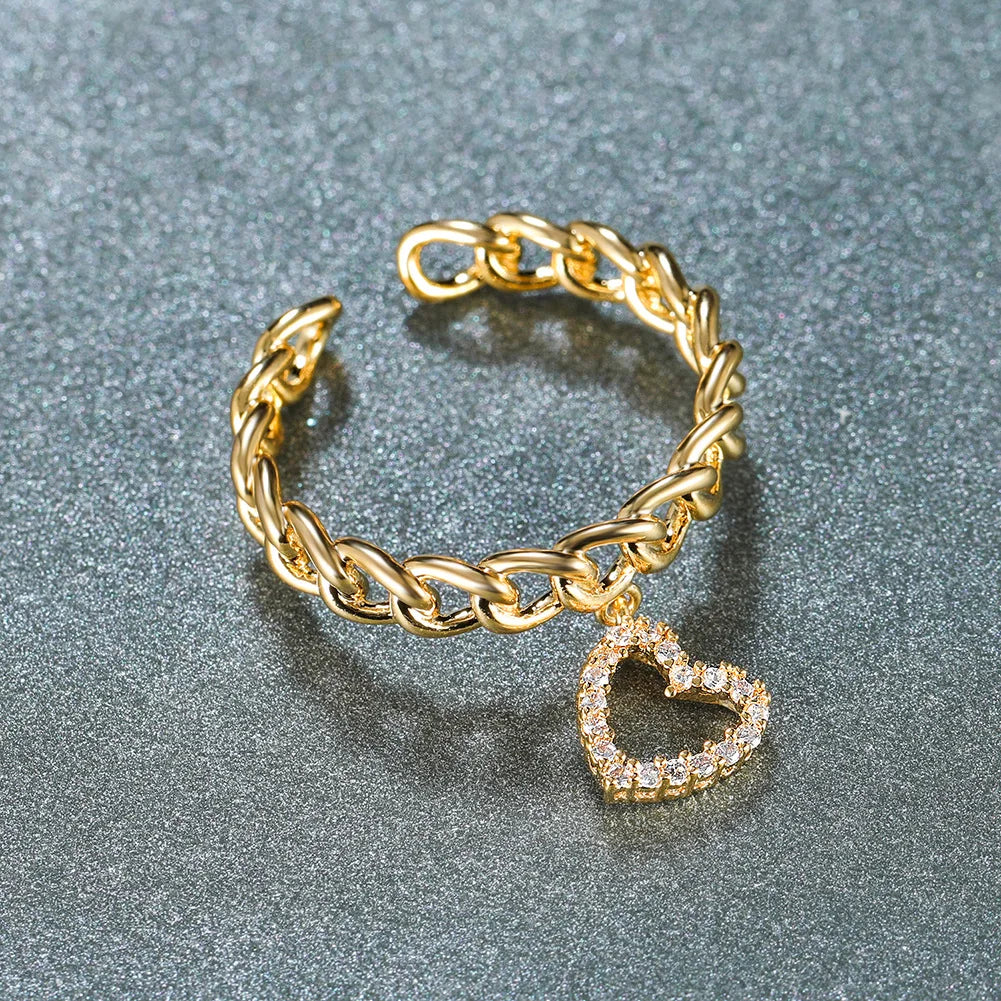 Hot Fashion Gold Plated Twist Hollow Adjustable Ring Trendy Classic Charm Shiny Heart Diamond Ring for Women