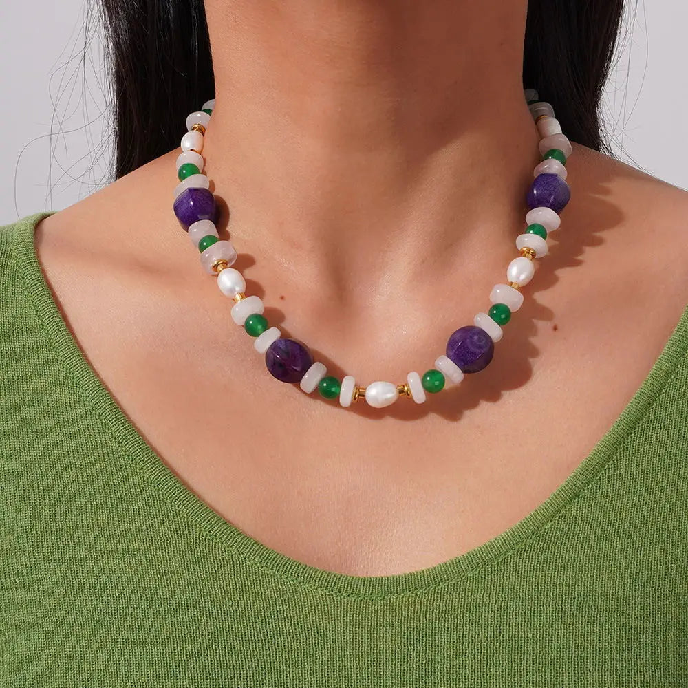 2025 New Handmade Jewelry Necklace Freshwater Pearl Necklace Colored Green Agate Amethyst Necklace